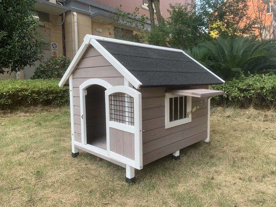 Affordable grey wooden dog kennel with elevated floor and spacious entrance, perfect for dogs to relax outdoors.