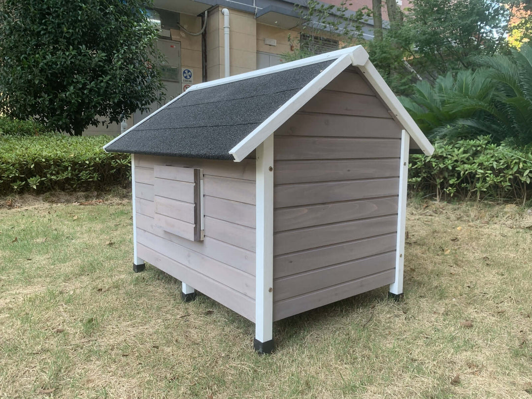 Affordable grey wooden dog kennel house, spacious design with elevated floor, perfect for dogs to relax outdoors.