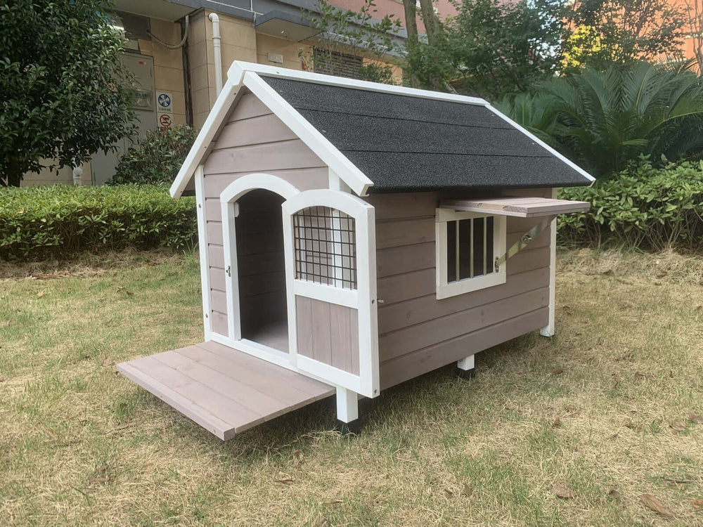 XL Timber Dog Kennel House in grey, elevated design for pets, spacious with wide entrance, perfect for comfort and relaxation.