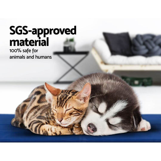 Two pets sleeping peacefully on a cooling pad, highlighting SGS-approved material safe for animals and humans.