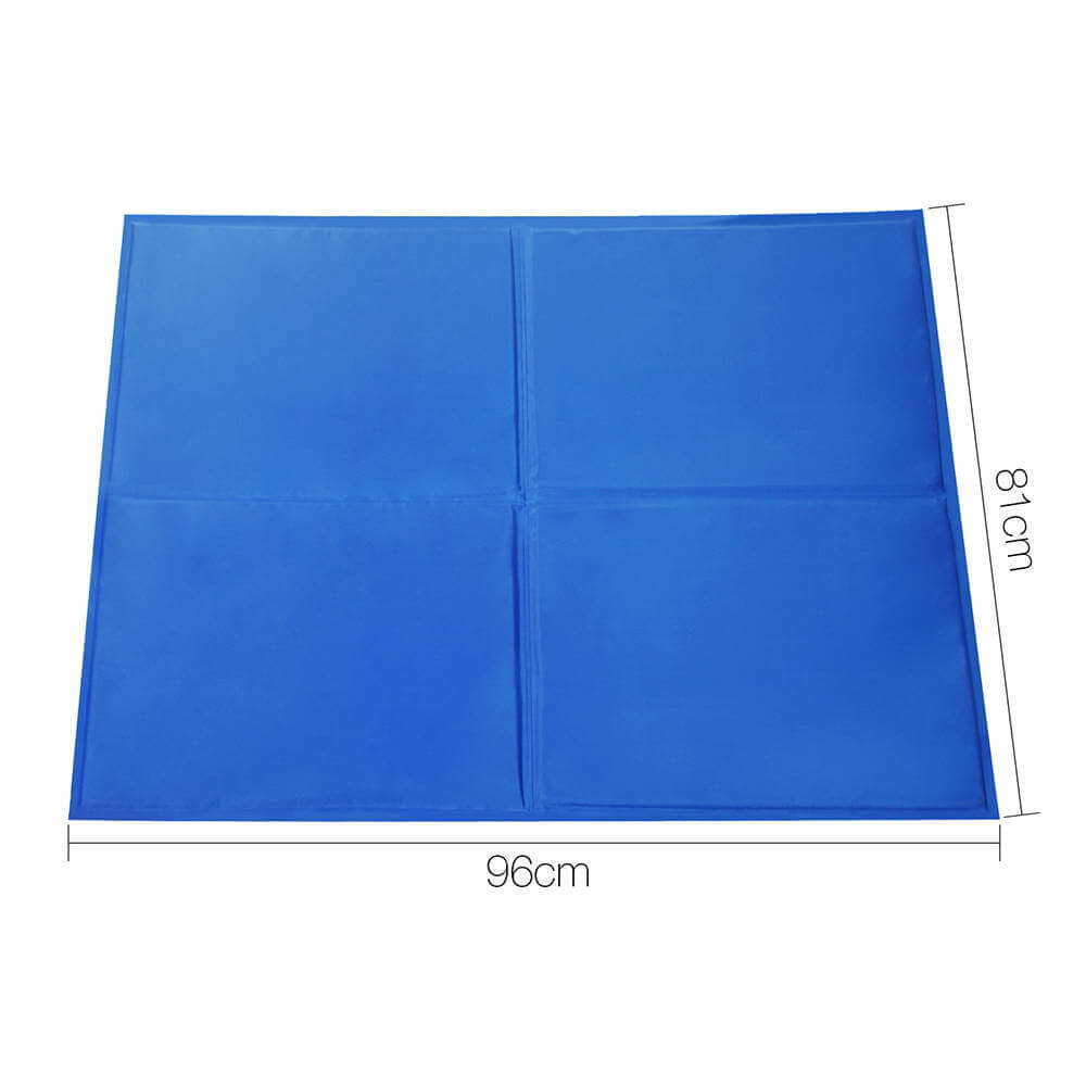 XXL blue pet cooling gel mat, non-toxic, measures 96cm x 81cm, ideal for dogs and cats to stay cool in summer.