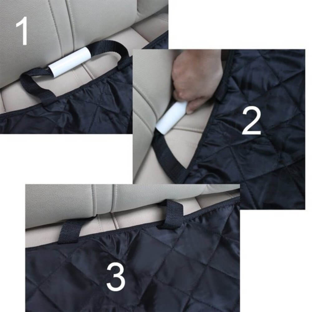 Installation process of YES4PETS Waterproof Pet Car Seat Cover, showing straps and easy setup steps.