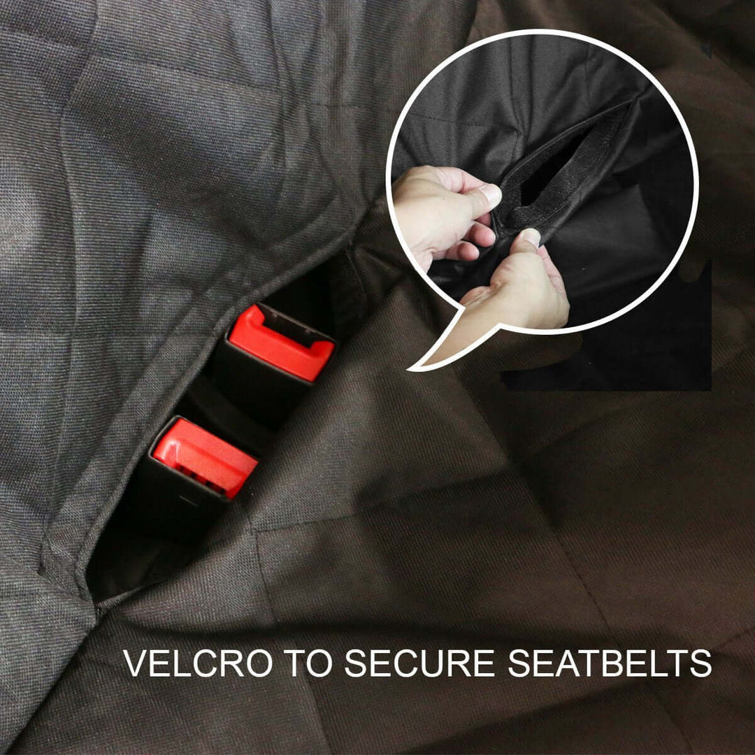 YES4PETS waterproof pet seat cover with Velcro to secure seatbelts, ensuring safety and convenience for pet travel.