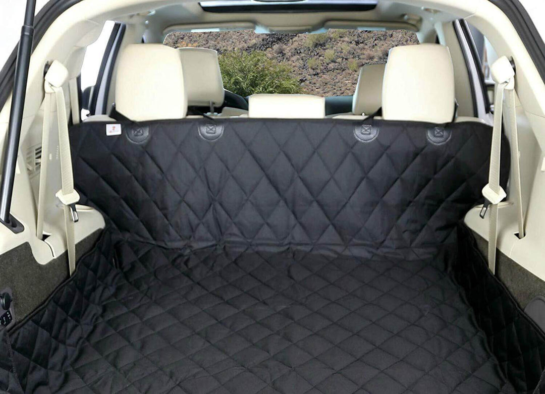 Black waterproof pet car seat cover in an SUV, designed to protect against hair, dirt, and scratches.