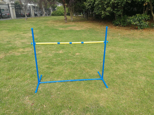 YES4PETS portable dog training jump bar in a grassy park setting, affordable agility equipment for puppies.