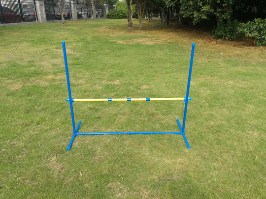 Portable dog training jump bar set for puppy agility exercises in a grassy outdoor area.