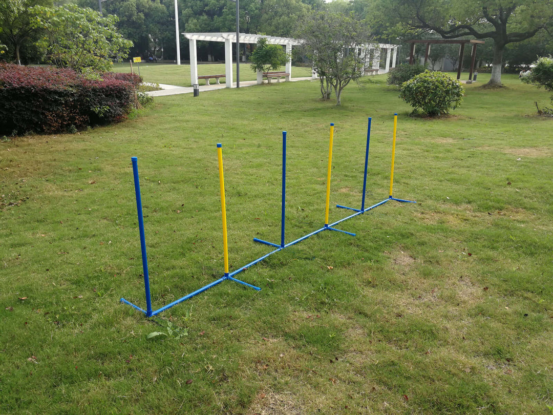 Affordable YES4PETS dog agility weave poles set on grass for training and exercise.