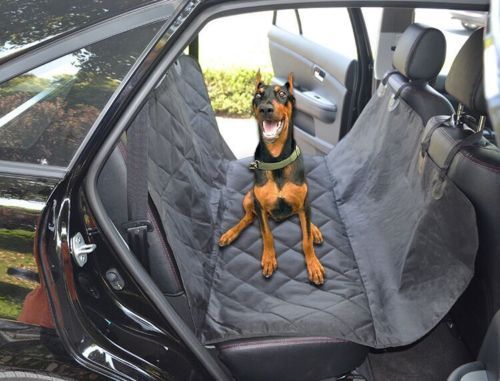 Dog sitting on a waterproof car seat cover for pets, designed to protect against hair, dirt, and scratches.