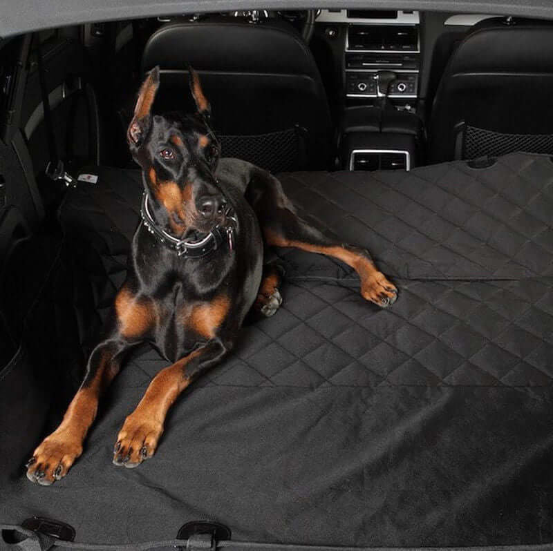 Premium waterproof car seat cover with a dog on it, protecting back seat from hair and dirt.