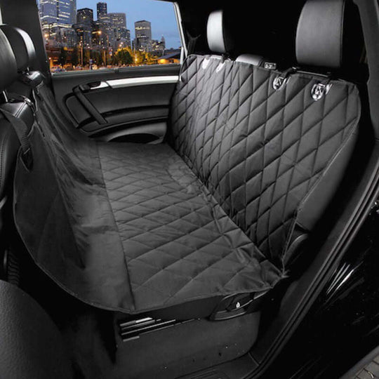 Back seat cover for pets, waterproof black hammock protector keeping car clean and hair-free.