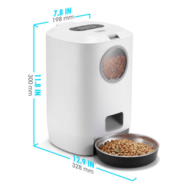 YES4PETS 4.5L automatic digital pet feeder with visible storage, showing food bowl and dimensions.