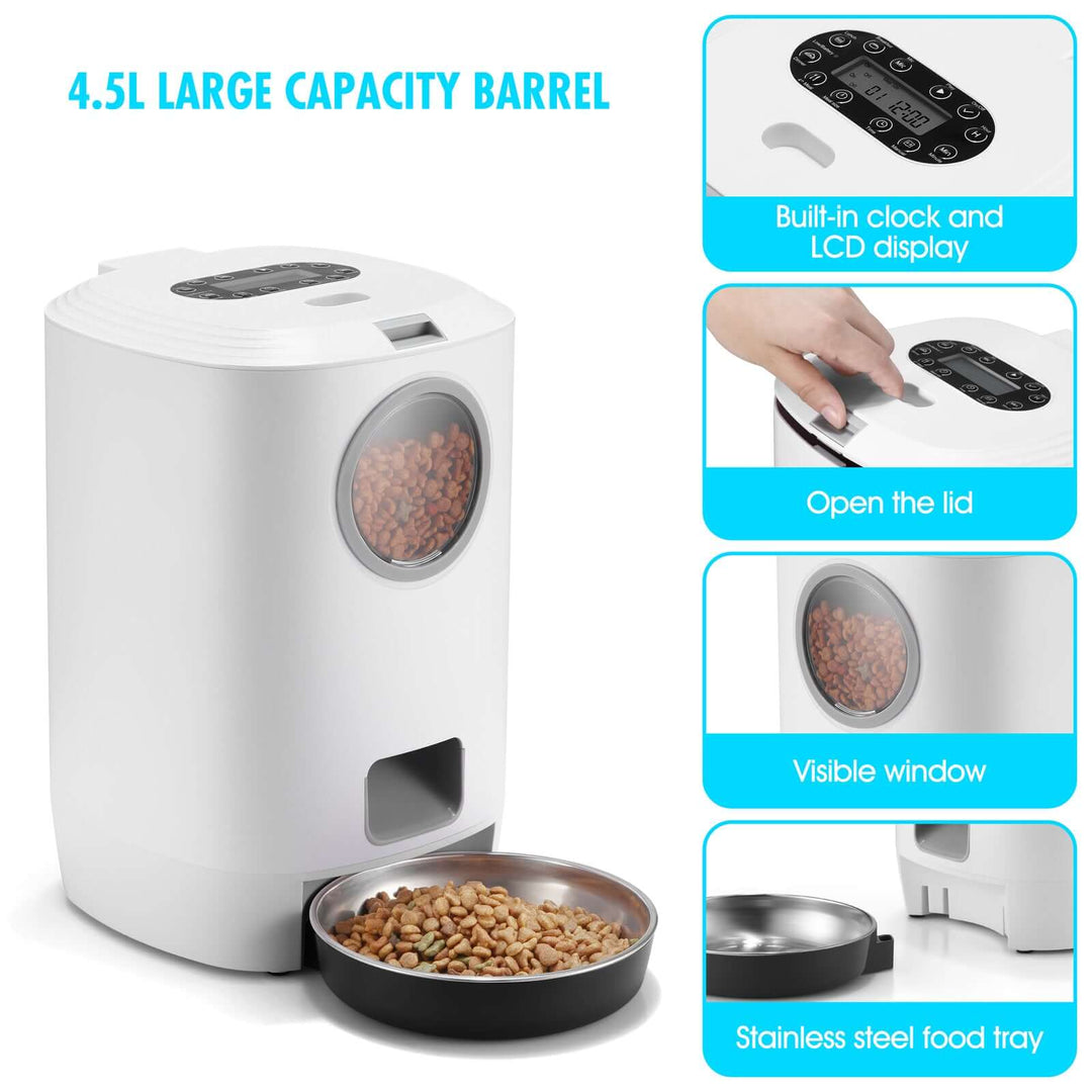 YES4PETS 4.5L automatic pet feeder with LCD display, large capacity, visible window, and stainless steel food tray.