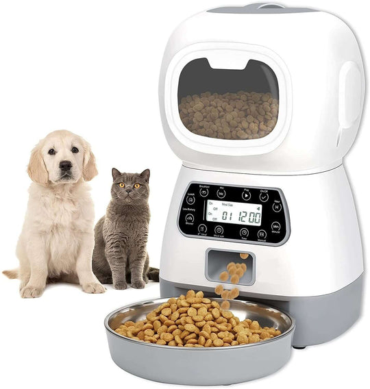 YES4PETS 3.5L automatic pet feeder with puppy and kitten, programmable feeding for dogs and cats.