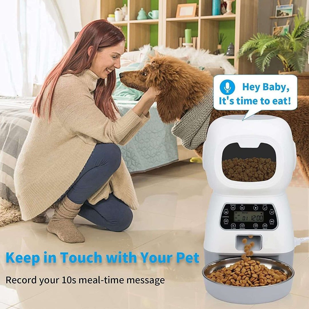 Woman interacting with dog next to YES4PETS automatic digital pet feeder, ensuring meals are timely and affordable.