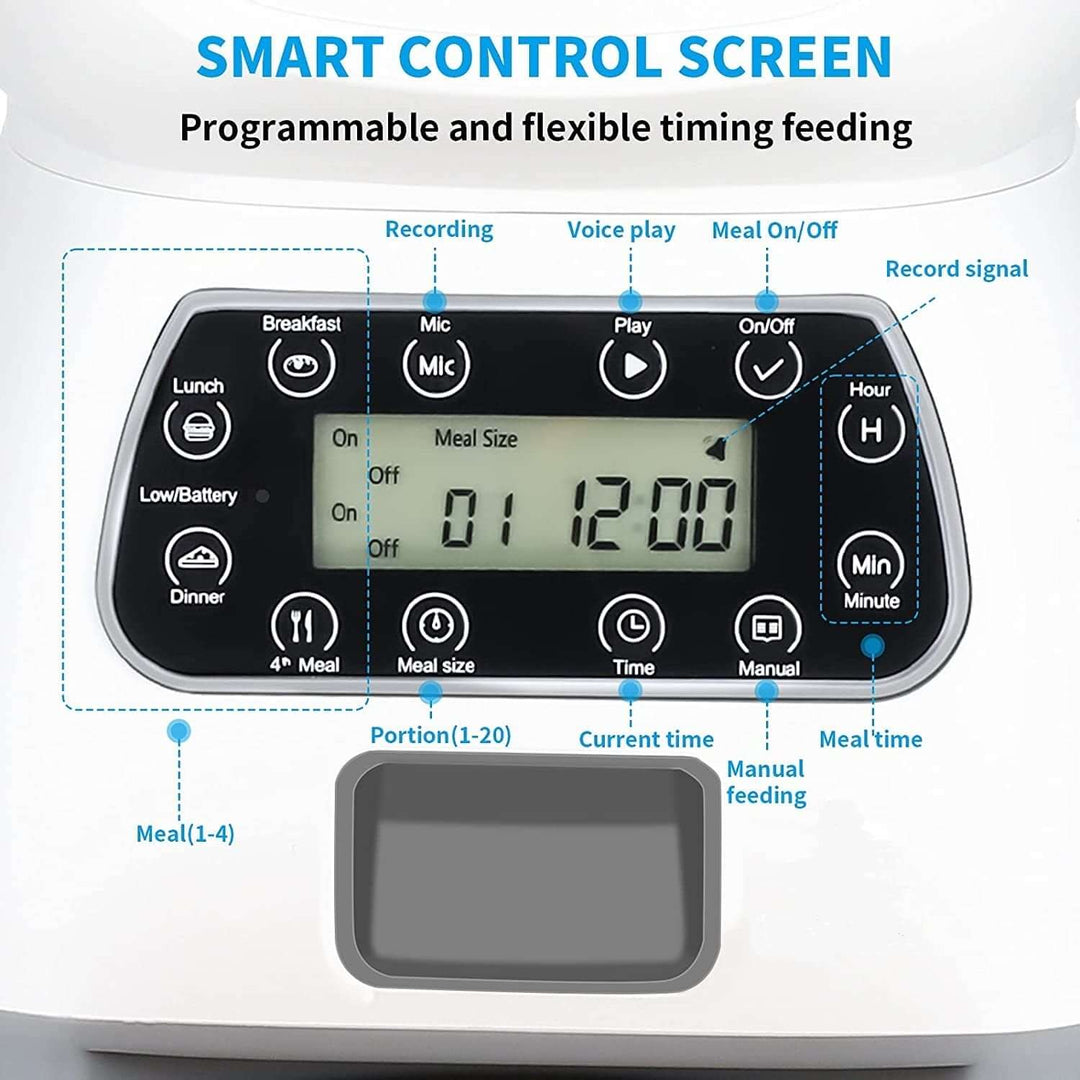 Smart control screen for programmable pet feeder, showing meal times and portion settings for cats and dogs.