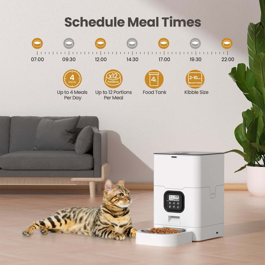 Automatic pet feeder with programmable meal schedule, feeding up to 4 times a day, perfect for busy pet owners.