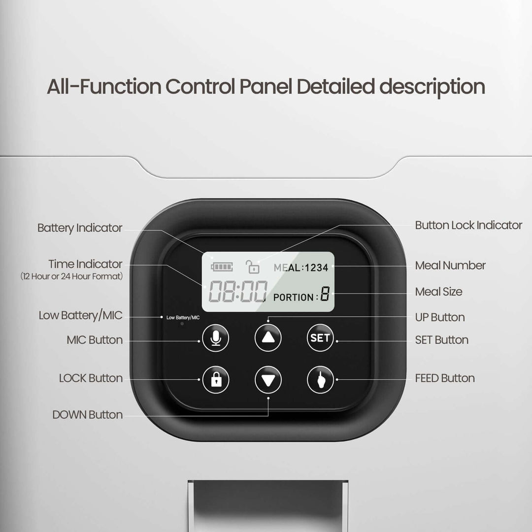 YES4PETS digital pet feeder control panel showing meal settings, time, and portion indicators.