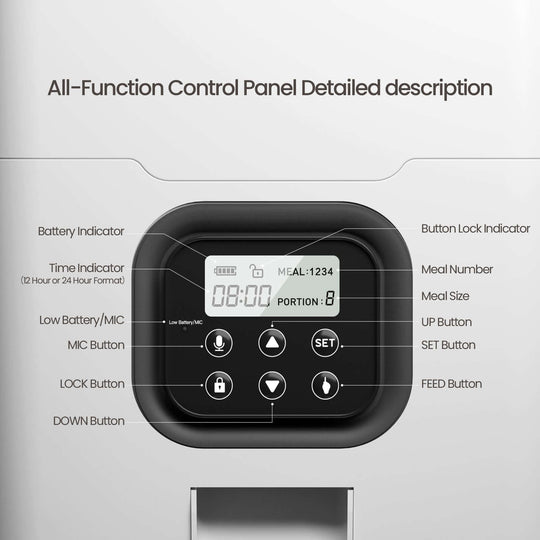 YES4PETS digital pet feeder control panel showing meal settings, time, and portion indicators.