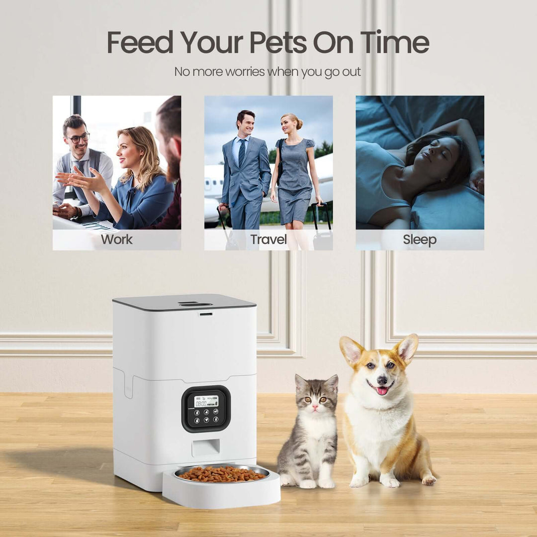 YES4PETS automatic pet feeder with cats and dog, designed for busy lifestyles to feed pets on time.