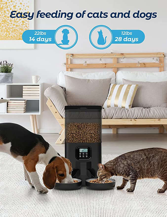 Automatic pet feeder for dogs and cats, showcasing easy and scheduled feeding in a cozy home setting.