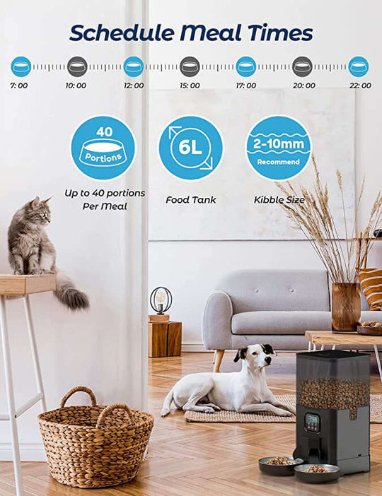 YES4PETS automatic digital pet feeder with scheduling options, suitable for cats and dogs, in stylish home setting.