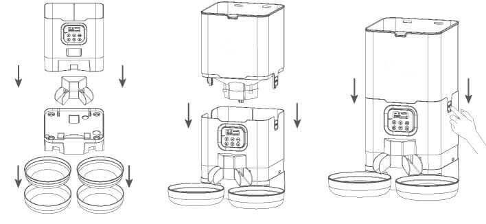 YES4PETS 6L Automatic Digital Pet Feeder assembly guide with double food bowls, easy setup instructions.