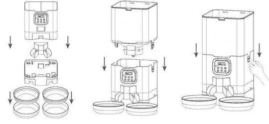 YES4PETS 6L Automatic Digital Pet Feeder assembly guide with double food bowls, easy setup instructions.