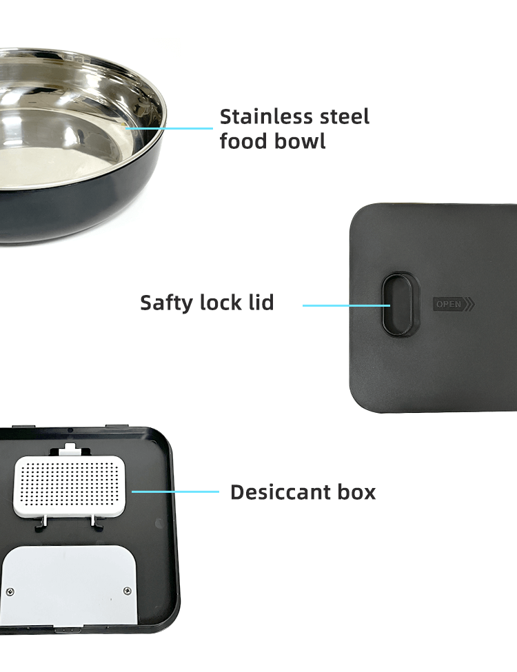 Stainless steel pet food bowl, safety lock lid, and desiccant box features of the YES4PETS digital pet feeder.