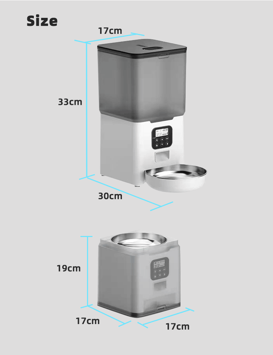 Dimensions of YES4PETS automatic pet feeder: 33cm height, 30cm base, and 17cm width for optimal pet feeding.