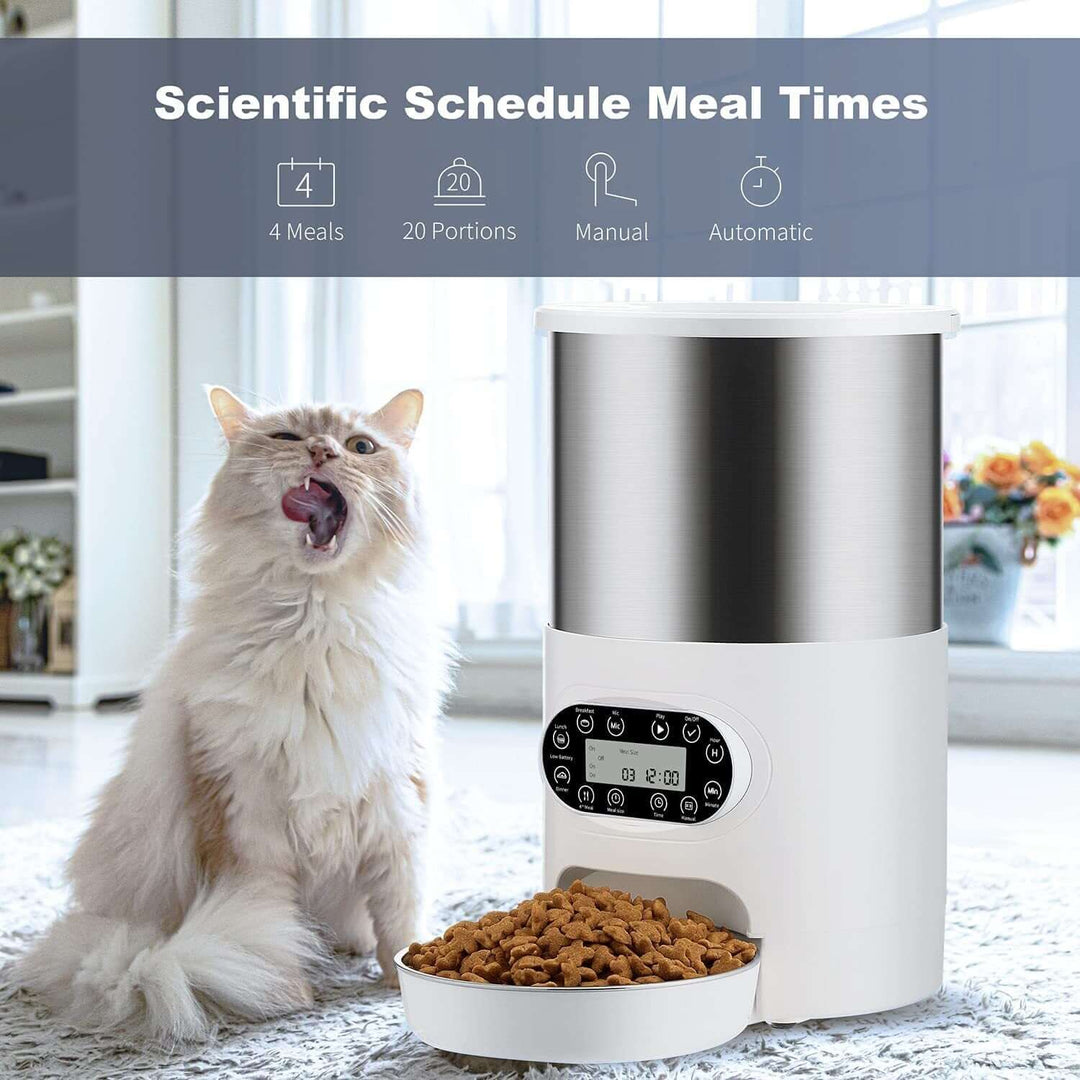 YES4PETS automatic pet feeder with 4 meal schedule and stainless steel design, ideal for cats and dogs.