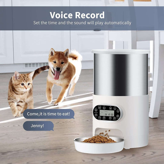 YES4PETS automatic pet feeder with voice record feature, showing a cat and dog approaching food dish.