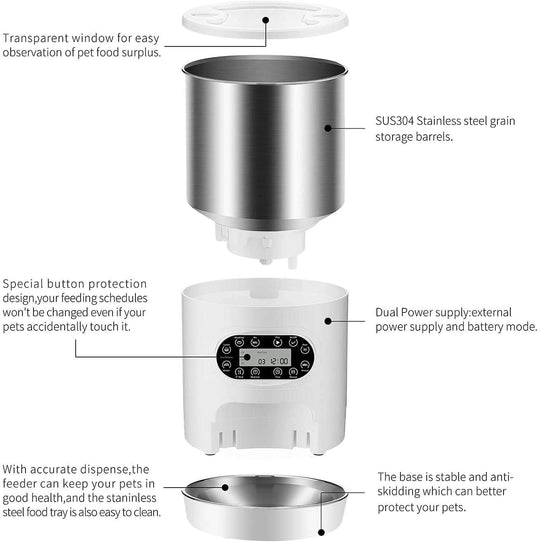 YES4PETS automatic pet feeder with stainless steel tank, transparent window, and easy-clean design, ideal for dogs and cats.