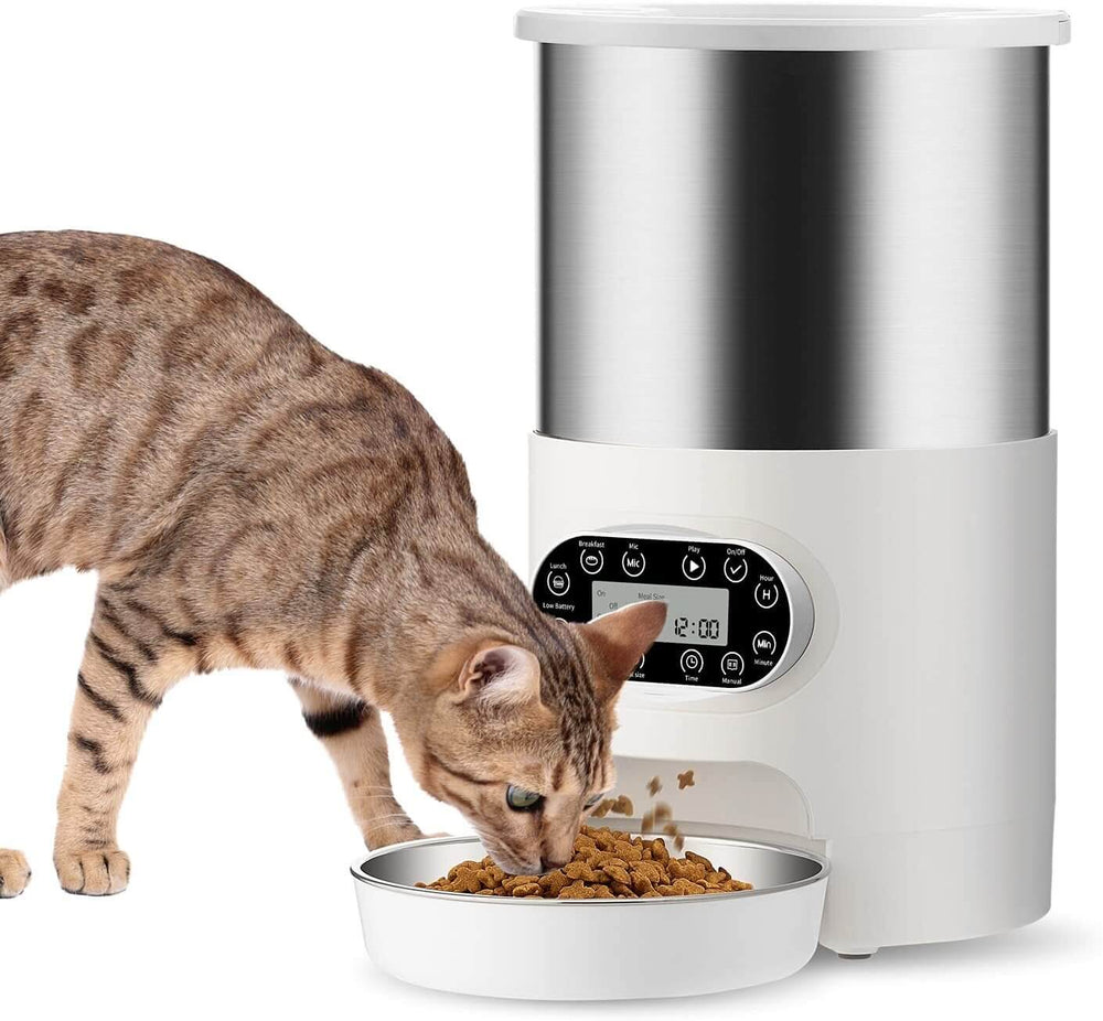 Cat feeding from YES4PETS Electric Automatic Feeder, stainless steel 3L dispenser for affordable, quality pet care.