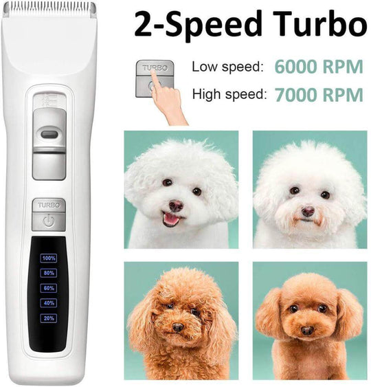 YES4PETS 2-Speed Turbo Pet Clipper Kit with adjustable speed for dog grooming, featuring two adorable poodles and a brown puppy.