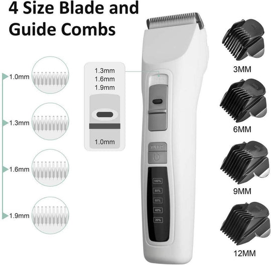 YES4PETS cordless pet clipper kit with 4 blade sizes and guide combs for DIY grooming, affordable and quality pet care.