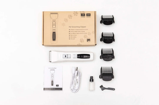 YES4PETS cordless pet grooming clipper kit with attachments, combs, and manual for DIY haircuts at home.