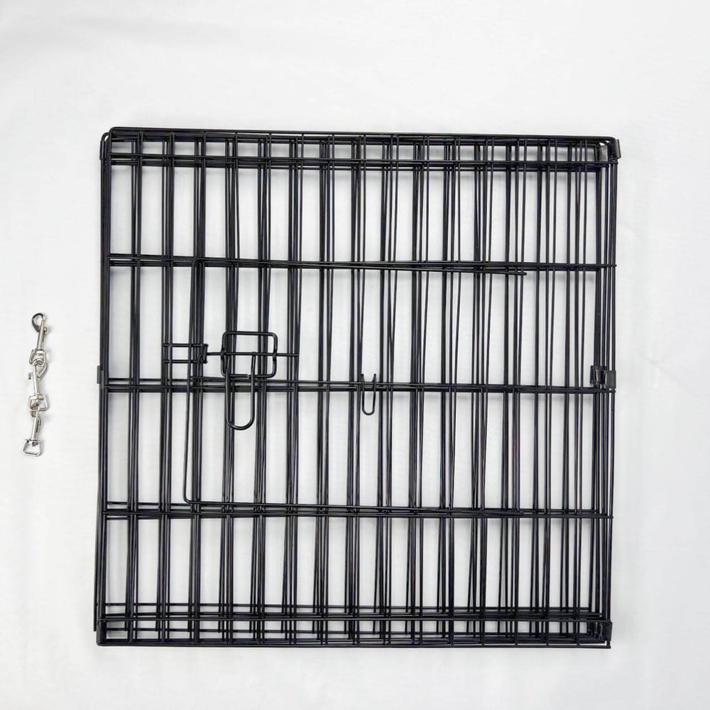 Black metal panel of a dog playpen with a latch, designed for affordable pet enclosures and DIY setups.