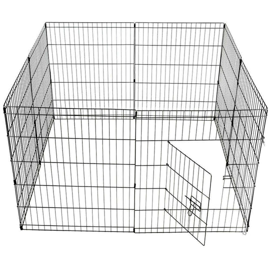 Durable 8-panel black metal dog playpen with door, ideal for creating a secure space for pets.