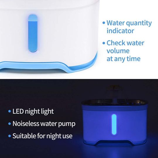 YES4PETS automatic pet water fountain features water quantity indicator and LED night light for convenient use.