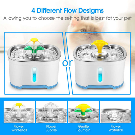 4 flow designs for YES4PETS pet water fountain: Flower Waterfall, Flower Bubble, Gentle Fountain, Flower Waterfall.