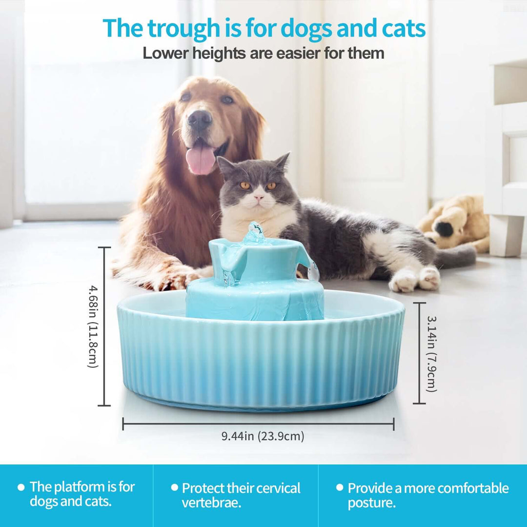 Blue ceramic electric pet water fountain with a dog and cat, designed for ergonomic feeding.