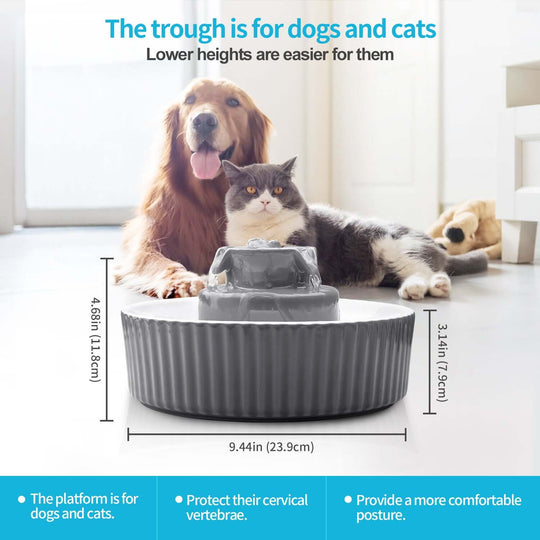 Grey ceramic electric pet water fountain for dogs and cats, designed for comfort and easy access.