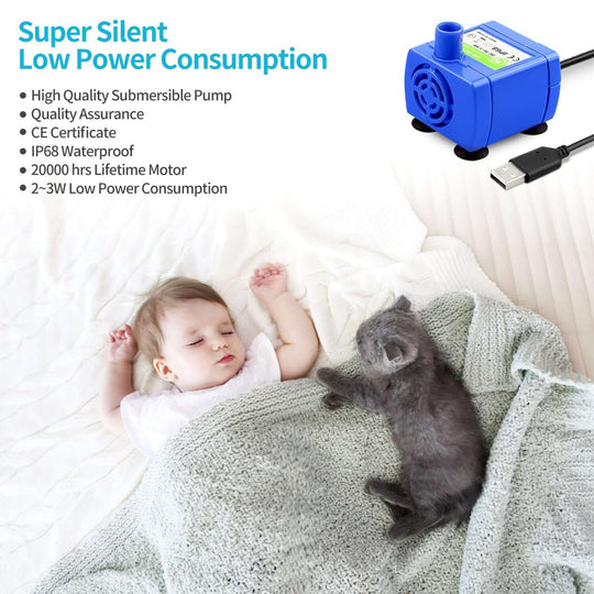 Super silent low power consumption submersible pump shown next to sleeping baby and kitten, highlighting quality and efficiency.