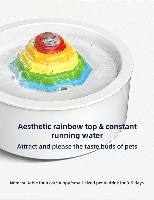 Ceramic dog cat water fountain with aesthetic rainbow design and constant running water, attracting pets to drink.