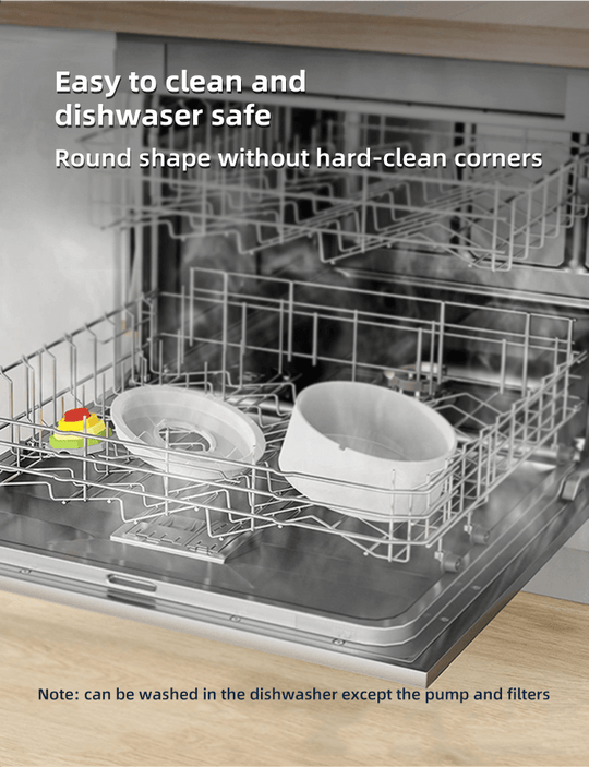 Dishwasher safe pet water fountain parts shown in a dishwasher, easy to clean with rounded design.