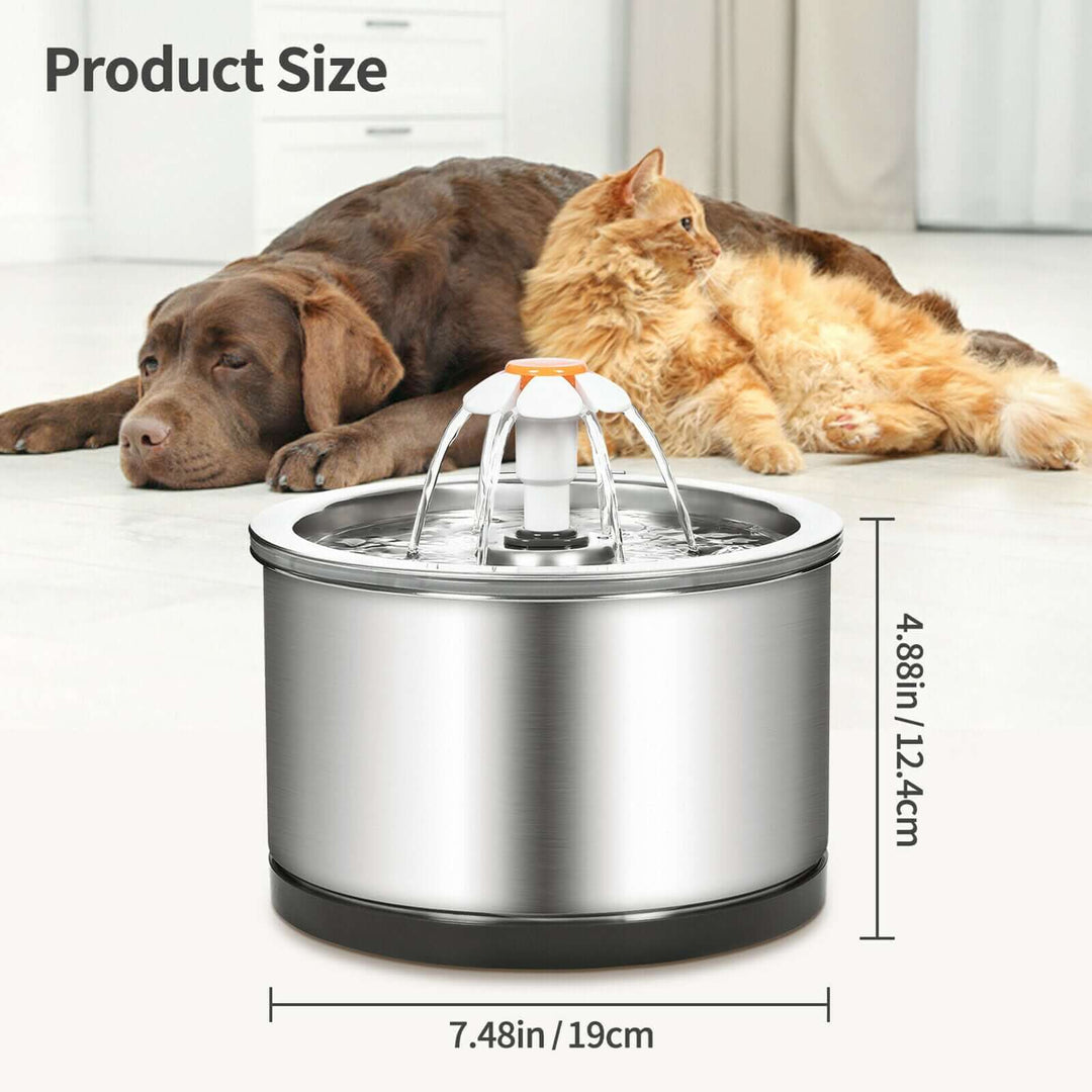 YES4PETS automatic pet water fountain size with dog and cat in background, premium quality stainless steel design.