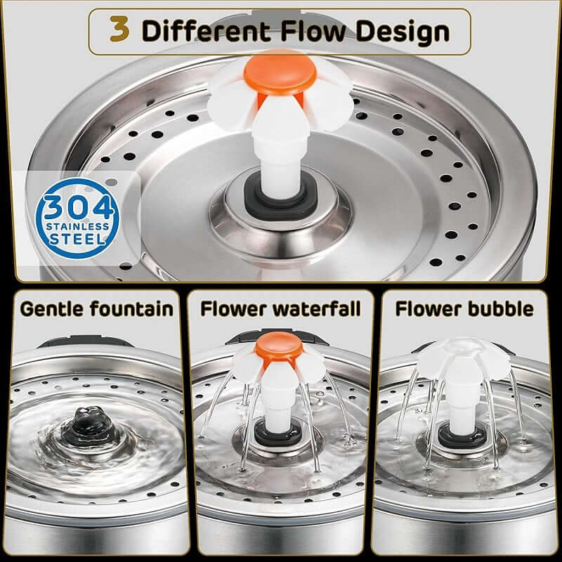 YES4PETS electric pet water fountain with 3 different flow designs: gentle fountain, flower waterfall, and flower bubble.