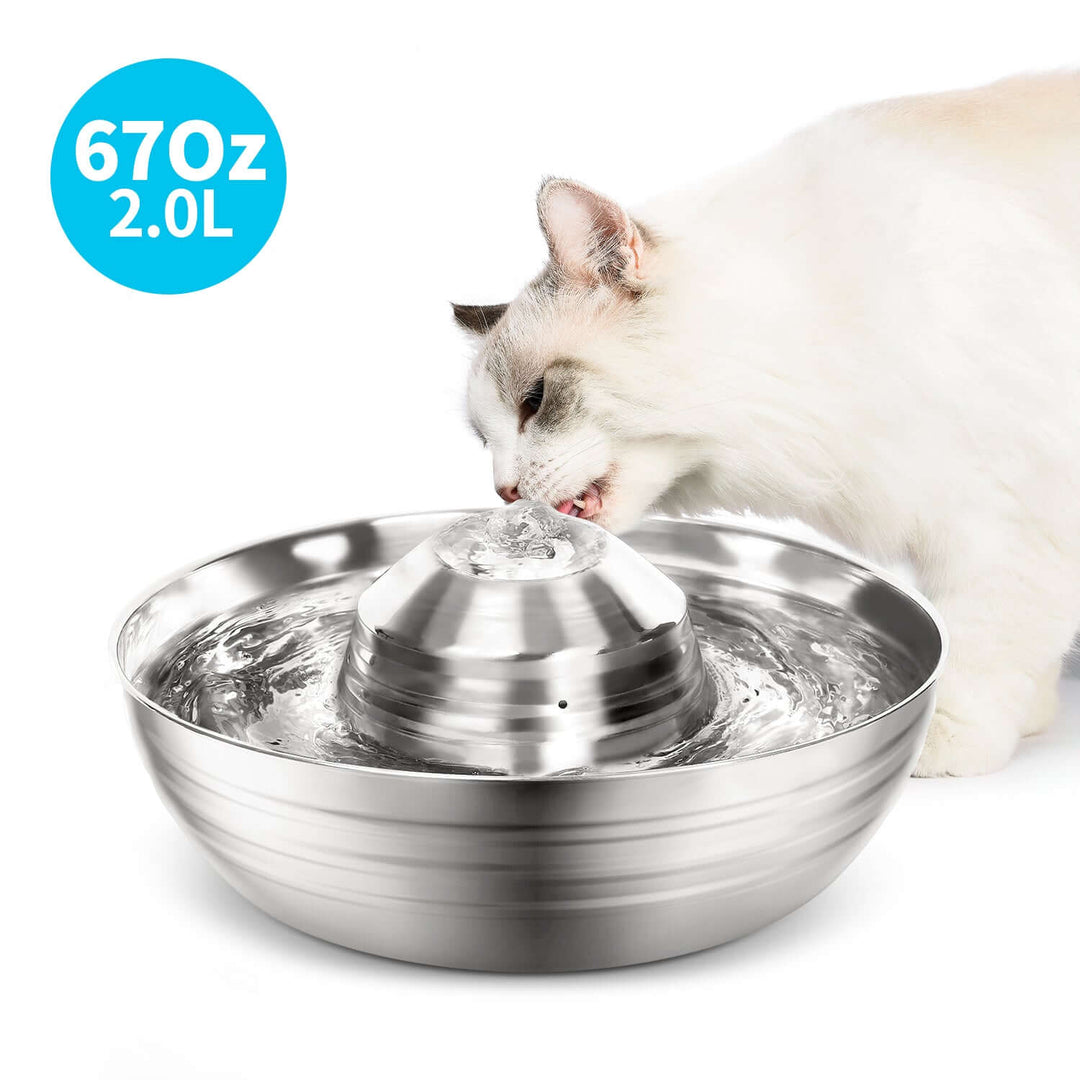 Cat drinking from a 2L stainless steel automatic pet water fountain with a modern design.