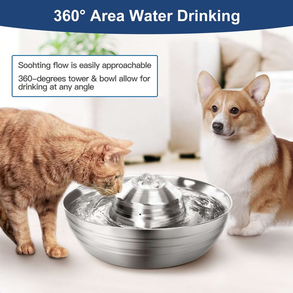 Automatic electric pet water fountain with 360° drinking area for dogs and cats, featuring soothing water flow.