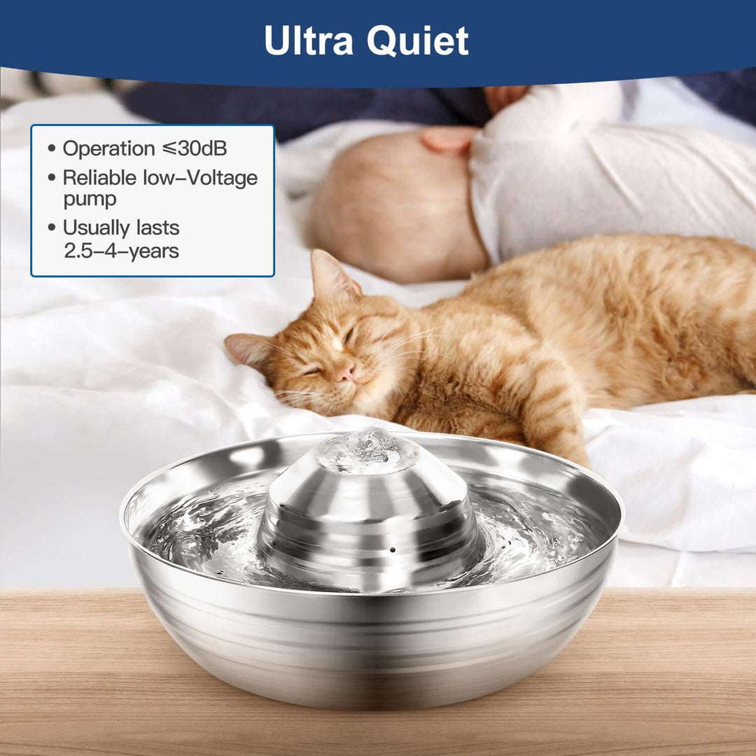 Ultra quiet 2L stainless steel pet water fountain with a sleeping cat, ideal for hassle-free hydration.